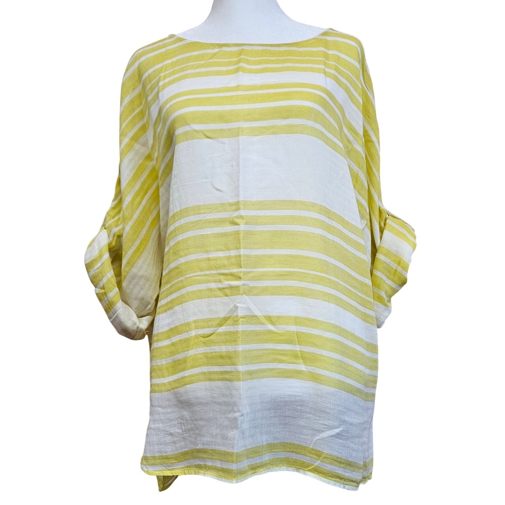 LOFT White And Yellow Striped 100% Cotton Long Sleeve Blouse Size Medium - Picture 3 of 6